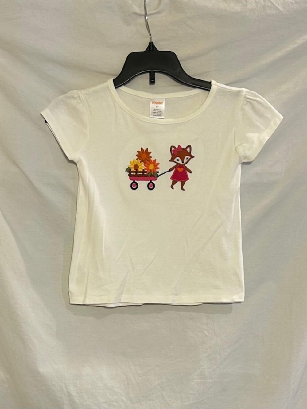 Gymboree Girls 5T White Embroidered Fox Wagon Flower Short Sleeve Top Harvest